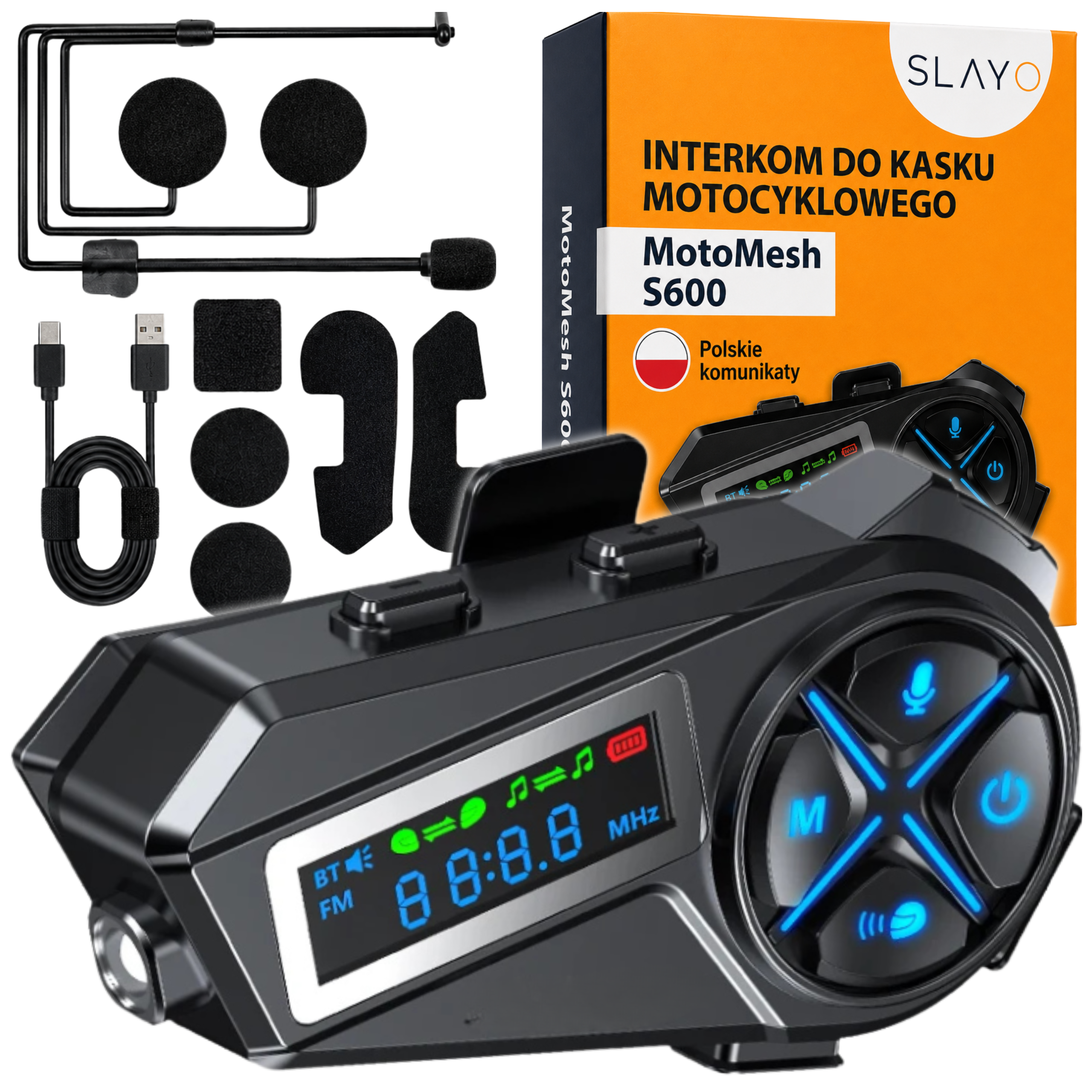 Interkom Motocyklowy Slayo MotoMesh S600 - Radio FM, Latarka LED, Polskie Komunikaty